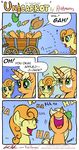  absurd_res applejack_(mlp) blonde_hair carrot carrot_top_(mlp) comic cowboy_hat dialog duo english_text equine female freckles friendship_is_magic green_eyes hair hat hi_res horse laugh mammal my_little_pony orange_hair pony redapropos rock text wagon 