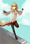  black_gloves black_legwear blonde_hair breasts brown_eyes drawfag final_fantasy final_fantasy_tactics gloves highres hood long_hair no_shoes outstretched_arms pantyhose robe running small_breasts smile solo wall white_mage white_mage_(fft) 