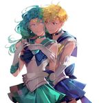  back_bow bishoujo_senshi_sailor_moon blonde_hair blue_choker blue_eyes blue_sailor_collar blue_skirt bow brooch choker couple earrings funpjinju gloves green_hair green_skirt hug hug_from_behind jewelry kaiou_michiru long_hair magical_girl multiple_girls outer_senshi pleated_skirt ribbon sailor_collar sailor_neptune sailor_senshi sailor_senshi_uniform sailor_uranus short_hair skirt smile star star_choker super_sailor_neptune super_sailor_uranus ten'ou_haruka tiara very_short_hair white_background white_gloves yuri 