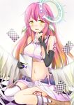  1girl angel_wings bad_id bad_pixiv_id blush breasts drooling elbow_gloves feathered_wings gloves gradient_hair halo jibril_(no_game_no_life) konka long_hair low_wings magic_circle medium_breasts midriff mismatched_legwear multicolored_hair navel no_game_no_life orange_hair pink_hair saliva sitting smile solo tablet_pc white_wings wings yellow_eyes 