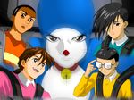  bell black_eyes black_hair brown_hair chang_wufei doraemon doraemon_(character) duo_maxwell glasses gouda_takeshi gundam gundam_wing heero_yuy honekawa_suneo long_hair male_focus minamoto_shizuka multiple_boys nobi_nobita parody ponytail style_parody trowa_barton watarui 