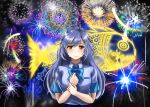  1girl aqua_bow blue_bow blush bow brown_eyes crying crying_with_eyes_open fireworks fish grey_hair holding_own_arm irozuku_sekai_no_ashita_kara jewelry ji_sung long_hair looking_at_viewer night night_sky outdoors school_uniform shirt short_sleeves silver_hair single_earring sky solo standing tears tsukishiro_hitomi uniform very_long_hair white_shirt 