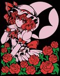  ascot bat_wings black_background brooch dress flower frilled_dress frills full_moon hat hat_ribbon highres jewelry looking_at_viewer macaroni_and_cheese mob_cap moon puffy_sleeves red_eyes red_hair red_moon remilia_scarlet ribbon rose short_hair short_sleeves smile solo t-shirt_material thorns touhou wings 