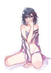  allenkung1 jacket kill_la_kill matoi_ryuuko multicolored_hair short_hair sitting solo swimsuit two-tone_hair 