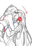  allenkung1 anger_vein commentary_request fingerless_gloves french_kiss gloves hand_on_another's_head kill_la_kill kiryuuin_satsuki kiss matoi_ryuuko multicolored_hair multiple_girls senketsu single_glove sketch tongue two-tone_hair yuri 