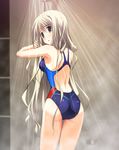  5pb. armpits ass back bare_shoulders blonde_hair chaos;head chaos;head_love_chu_chu! competition_swimsuit highres kusunoki_yua long_hair looking_at_viewer looking_back matsuo_yukihiro nitroplus official_art one-piece_swimsuit open_mouth showering solo standing swimsuit very_long_hair yellow_eyes 