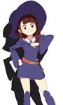  1girl bad_id bad_pixiv_id boots brown_hair dress hat kagari_atsuko little_witch_academia long_hair pointing pointing_at_self purple_eyes shadow smile solo witch_hat 