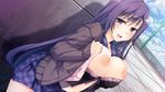  1girl areolae blue_eyes blush breast_squeeze breasts breasts_outside character_request fence game_cg happy highres huge_breasts lingerie long_hair looking_at_viewer love_ecchi_dessin nipples open_clothes purple_hair school_uniform sitting skirt smile underwear 