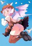  anda_inmu animal_ears ass backless_outfit bird blush brown_legwear dress eurasian_tree_sparrow hat lace lace-trimmed_panties long_sleeves looking_at_viewer looking_back md5_mismatch mystia_lorelei panties pink_hair pink_panties red_eyes short_hair solo sparrow striped striped_panties thighhighs touhou underwear wings 