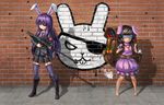  :&lt; :3 ahoge animal animal_ears anti-materiel_rifle backpack bag barrett_m82 belt black_footwear bomb boots brick_wall bullet_hole bunny bunny_ears candle carrot carrot_necklace cat_ears concrete dynamite eyepatch garter_straps glasses graffiti gun highres inaba inaba_tewi jewelry lighter long_hair looking_at_viewer multiple_girls pandawei pendant purple_hair red_eyes reisen_udongein_inaba rifle running_bond school_uniform scope shadow skirt sniper_rifle touhou weapon 