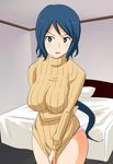  1girl bed blue_hair breast_hold breasts corner covering female green_eyes gundam gundam_build_fighters hotel_room iori_rinko large_breasts legs long_hair looking_at_viewer md5_mismatch milf moonray no_pants panties parted_lips pillow ponytail ribbed_sweater ribbed_turtleneck_sweater serious shirt_pull solo standing sweater thighs turtleneck_sweater underwear 