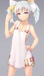  bare_shoulders blush dress earrings hair_ribbon hand_on_hip jewelry kurione_(zassou) looking_at_viewer ribbon silver_eyes sleeveless smile solo tama_(wixoss) twintails white_dress white_hair wixoss 