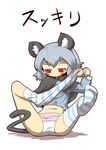  animal_ears blush blush_stickers feet grey_hair mouse_ears mouse_tail nazrin panties pink_panties polka_dot polka_dot_panties pulling_off_legwear red_eyes short_hair soles striped striped_legwear tail thighhighs thighhighs_pull touhou underwear white_background zannen_na_hito 