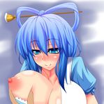  blue_dress blue_eyes blue_hair blush breast_squeeze breasts breasts_outside collarbone dress eyelashes full-face_blush hair_ornament hair_rings hair_stick highres huge_breasts kaku_seiga nipples parmiria puffy_nipples smile solo_focus touhou upper_body 
