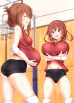  2girls absurdres ass blush breast_padding breasts brown_eyes brown_hair eyebrows_visible_through_hair eyes_closed folded_ponytail gym hair_between_eyes hair_ornament hairclip highres ikazuchi_(kantai_collection) inazuma_(kantai_collection) kantai_collection long_hair looking_at_viewer multiple_girls numpopo open_mouth short_hair small_breasts smile sportswear volleyball volleyball_uniform 