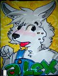  abstract_background alex badge blush button canine cub drooling freckles fur grey_fur hobbypanda looking_at_viewer male mammal overalls portrait saliva sheath_and_knife tongue tongue_out traditional_media wolf young 