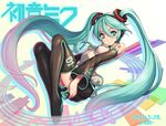  2014 boots breasts covered_nipples dated detached_sleeves ecell eighth_note green_eyes green_hair hatsune_miku headset highres long_hair medium_breasts musical_note necktie quarter_note skirt solo staff_(music) thigh_boots thighhighs treble_clef twintails very_long_hair vocaloid 