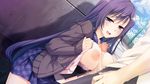  1girl areolae artist_request blue_eyes blush breast_squeeze breasts breasts_outside censored character_request fence game_cg happy highres huge_breasts lingerie long_hair looking_at_viewer love_ecchi_dessin naughty_face nipples open_clothes paizuri penis purple_hair school_uniform sitting skirt smile standing underwear 