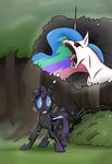  blue_eyes bush changeling duo equine fangs female feral friendship_is_magic hair horn horse male mammal monster multi-colored_hair my_little_pony nightmare_fuel open_mouth pony princess_celestia_(mlp) red_eyes scared sharp_teeth teeth tree unicorn unknown_artist winged_unicorn wings 
