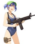  :p assault_rifle blue_eyes blue_hair gun hair_bobbles hair_ornament hat kawashiro_nitori key kurione_(zassou) looking_at_viewer one-piece_swimsuit one_eye_closed rifle short_hair smile solo swimsuit tongue tongue_out touhou trigger_discipline twintails weapon 