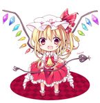  ascot blonde_hair chibi commentary_request fang flandre_scarlet hat hat_ribbon laevatein looking_at_viewer mob_cap open_mouth puffy_short_sleeves puffy_sleeves red_eyes ribbon shirt short_sleeves skirt skirt_set smile solo touhou vest wings wrist_cuffs yukimiya_(parupunta) 