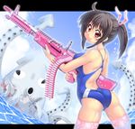 ahoge ammunition_belt arched_back ass blush breasts brown_hair competition_swimsuit covered_nipples destroyer gun hase_yu large_breasts letterboxed looking_back m60 machine_gun military military_vehicle one-piece_swimsuit original outside_border pink_legwear ponytail red_eyes shiny shiny_skin ship short_ponytail skindentation smile squid swimsuit thighhighs warship water watercraft weapon wet 