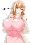  apron arms_behind_back bouncing_breasts breasts brown_eyes brown_hair highres huge_breasts long_hair looking_at_viewer ribbed_sweater simple_background smile solo sunohara_ayaka sunoharasou_no_kanrinin-san sweater turtleneck white_hair yunodon_(sugar_maple) 