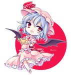  :d bat_wings blue_hair character_name chibi fang hands_on_own_chest hat open_mouth orange_eyes remilia_scarlet short_hair simple_background smile solo touhou two-tone_background white_background wings yukimiya_(parupunta) 