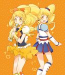  alternate_form blonde_hair blue_skirt boots bow bowtie brooch cure_honey dual_persona earrings hair_bow happinesscharge_precure! jewelry knee_boots long_hair magical_girl miniskirt multicolored multicolored_clothes multicolored_skirt multiple_girls oomori_yuuko orange_background popcorn_cheer precure skirt smile teruru100 twintails wand wide_ponytail wrist_cuffs yellow_eyes yellow_skirt 