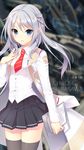  black_legwear blue_eyes character_name culture_japan hair_ornament highres labcoat lips long_hair necktie pleated_skirt school_uniform shirahane_nao shirasawa_chitose silver_hair skirt solo thighhighs 