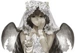  black_hair bow commentary dress hair_wings long_hair monochrome original ribbon solo tcb veil white_dress 