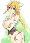  artist_name ass blonde_hair blush bottomless braid breast_hold breasts dated elbow_gloves elf gloves green_eyes hair_ornament highres inverted_nipples large_breasts leafa long_hair nipples pointy_ears ponytail shiun solo sword_art_online twin_braids 