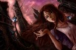  1girl alice:_madness_returns alice_in_wonderland alice_liddell american_mcgee&#039;s_alice american_mcgee's_alice brown_hair ceramic_man cigarette dress female green_eyes highres jewelry lamppost long_hair necklace smoking solo tongue tongue_out 