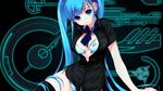  aqua_eyes aqua_hair black_shirt blue_bra blue_panties bottomless bow bowtie bra hatsune_miku highres long_hair no_pants nvidia open_bra open_clothes open_shirt panties shirt solo striped striped_panties thighhighs twintails underwear very_long_hair vocaloid 