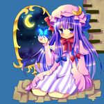  blue_background blush bow bug butterfly capelet chocolat_(momoiro_piano) crescent crescent_hair_ornament crescent_moon double_bun dress hair_bow hair_ornament hand_up hat hat_ribbon insect long_hair long_sleeves looking_at_viewer mob_cap moon patchouli_knowledge purple_eyes purple_hair ribbon robe seiza sidelocks sitting sky solo star_(sky) starry_sky striped striped_dress touhou triangle_mouth 