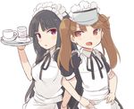  bad_id bad_pixiv_id black_hair brown_eyes brown_hair cup hiyou_(kantai_collection) kantai_collection long_hair maid multiple_girls purple_eyes ryuujou_(kantai_collection) teacup totoki86 tray twintails 