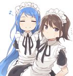  2girls =_= alternate_costume apron bad_id bad_pixiv_id blue_hair closed_eyes eighth_note kantai_collection long_hair maid maid_apron maid_headdress miyuki_(kantai_collection) multiple_girls musical_note samidare_(kantai_collection) short_hair simple_background smile totoki86 very_long_hair white_background 