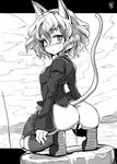  :&lt; animal_ears anus bar_censor blush cat_ears cat_tail censored doll_joints from_behind greyscale hunter_x_hunter kneehighs long_sleeves monochrome neferpitou pubic_hair pussy_juice ryuno shoes short_hair shorts shorts_pull solo squatting sweatdrop tail 