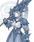  armor armored_dress blue breasts daniel_macgregor huge_weapon lagiacrus_(armor) medium_breasts monochrome monster_hunter over_shoulder pauldrons revision solo spikes sword weapon weapon_over_shoulder 