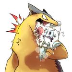  claws constricted_pupils fangs fire flame flying_sweatdrops food gen_2_pokemon gen_5_pokemon holding ice_cream jpeg_artifacts licking lowres melting no_humans open_mouth pokemon pokemon_(creature) saliva teardrop typhlosion vanillish vore 