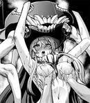  1girl armpits blush breast_grab breasts full-face_blush grabbing greyscale hetero kantai_collection large_breasts monochrome navel neroma_shin nipples open_mouth shinkaisei-kan solo_focus sweat tears tongue tongue_out wo-class_aircraft_carrier 