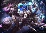  3boys alternate_costume belt bikini_top black_hair citemer hat helmet highres holding holding_weapon horns jacket_on_shoulders league_of_legends long_hair multiple_boys multiple_girls oh_my_god_(team) pantheon_(league_of_legends) pants polearm purple_eyes shield shyvana smile spear sunglasses syndra thresh twitch weapon white_hair 