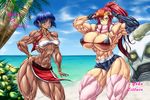  2girls abs blue_hair breasts erect_nipples extreme_muscles highres huge_breasts impossible_clothes multiple_girls muscle nadia_la_arwall nipples purukogi_(plasma_beach) red_hair simple_background sweat tengen_toppa_gurren_lagann yellow_eyes yoko_littner 