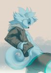  anthro blue_eyes blue_fur blue_hair brown_background canine clothing fur hair hands_in_pockets hi_res kiske_7key male mammal open_jacket side_view signature simple_background solo standing underwear 