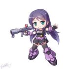  chibi commentary company_connection dom fingerless_gloves gloves green_eyes gundam langbazi long_hair love_live! love_live!_school_idol_project name_tag purple_hair solo sunrise_(company) thighhighs toujou_nozomi weapon 