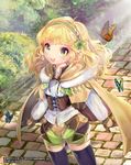  2014 blonde_hair bug butterfly cape green_eyes green_hairband hair_ribbon hairband insect long_hair original pointy_ears ribbon sera_(mrvles) shorts smile solo thighhighs 