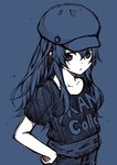  :o alternate_costume blue blush cabbie_hat casual clothes_writing contemporary copyright_name hand_on_hip hands_on_hips hat hibiki_(kantai_collection) kantai_collection kouji_(campus_life) long_hair looking_at_viewer monochrome parted_lips shirt simple_background sketch solo spot_color t-shirt 