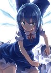  blue_eyes blue_hair bow cirno dress hair_bow highres ice short_hair simple_background solo touhou usotsuki_penta white_background wings 