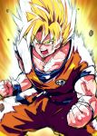  blonde_hair charging chipa_(arutana) collarbone commentary_request dragon_ball dragon_ball_z green_eyes muscle open_mouth saiyan son_gokuu spiked_hair super_saiyan 