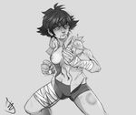  absurdres andava bandages bike_shorts black_eye breast_slip breasts bruise clenched_hand commission fighting_stance furrowed_eyebrows greyscale hand_wraps highres injury makoto_(street_fighter) medium_breasts monochrome muscle muscular_female navel nipple_slip nipples no_bra one_breast_out open_clothes open_shirt revision shirt short_hair solo street_fighter sweat torn_clothes torn_shirt 
